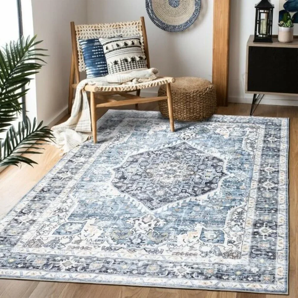 5x7 Light Blue Area Rug Washable, Non-Slip, Ultra-Soft Vintage Carpet for Home